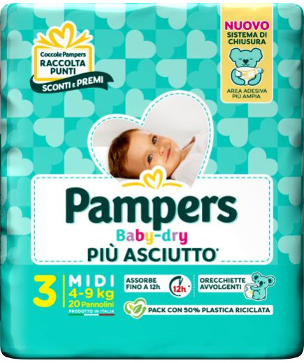 PAMPERS BABY DRY DOWNCOUNT MIDI PZ.20 (4-9 KG) PANNOLINI