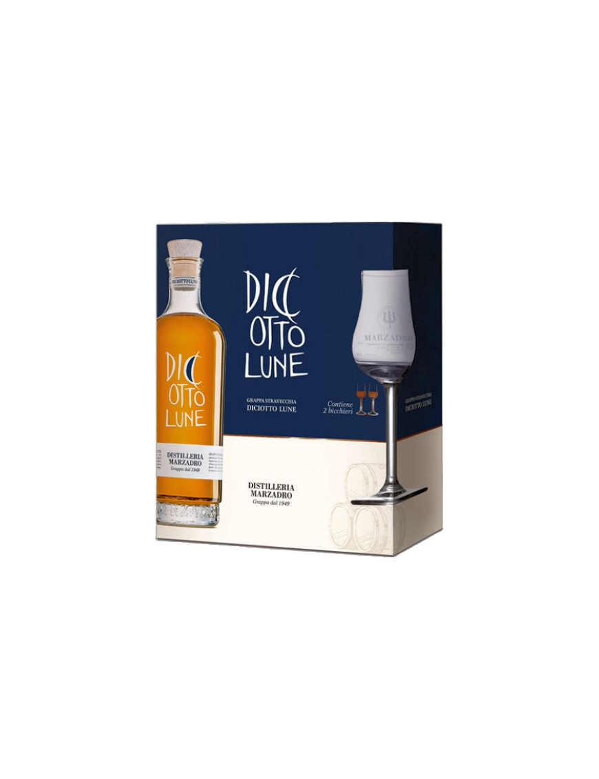 CONFEZIONE GRAPPA 18 LUNE CL 50 + DUE BICCHIERI MARZADRO